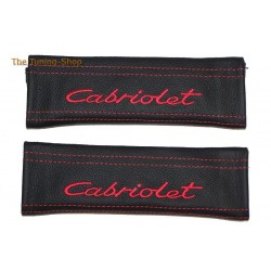 2x SEAT BELT COVERS BLACK GENUINE LEATHER CUSTOM EMBROIDERY Cabriolet RED STITCHING for Cabrio / Convertible cars NEW