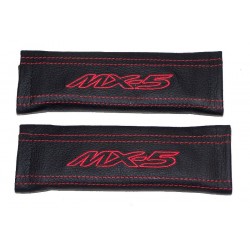 SEAT BELT COVERS x 2 GENUINE BLACK LEATHER EMBROIDERY MX-5 WITH STONE STITCHING FOR MAZDA new
