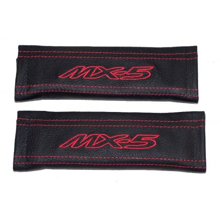 SEAT BELT COVERS x 2 GENUINE BLACK LEATHER EMBROIDERY MX-5 WITH STONE STITCHING FOR MAZDA new