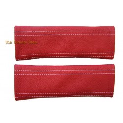SEAT BELT COVERS x 2 GENUINE RED LEATHER WITH RED STITCHING NEW