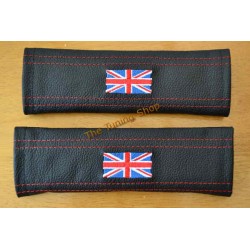 SEAT BELT COVERS BLACK GENUINE LEATHER EMBROIDERY UK FLAG RED STITCHING