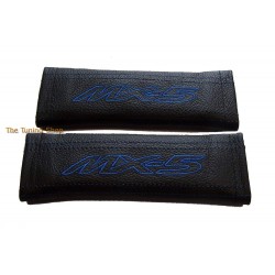 SEAT BELT COVERS x 2 GENUINE BLACK LEATHER EMBROIDERY MX-5 WITH STONE STITCHING FOR MAZDA new