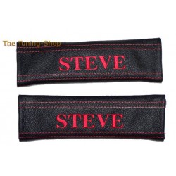 2 x PERSONALIZED SEAT BELT COVERS BLACK GENUINE LEATHER CUSTOM EMBROIDERY & STITCHING NEW