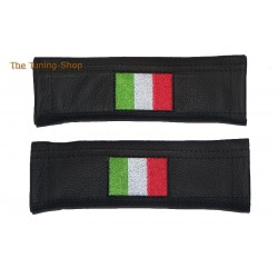 SEAT BELT HARNESS COVERS PADS x 2 GENUINE BLACK LEATHER ITALIAN FLAG EMBROIDERY WITH BLACK STITCHING NEW