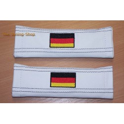 SEAT BELT HARNESS COVERS PADS WHITE LEATHER WITH EMBROIDERY FLAG OF GERMANY BLACK STITCHING NEW