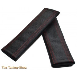 SEAT BELT COVERS GENUINE BLACK LEATHER RED STITCHING 