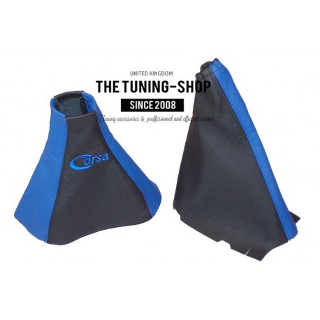 FOR VAUXHALL CORSA C 2000-2006 GEAR HANDBRAKE GAITER BLACK LEATHER BLUE STITCHING EMBROIDERY CORSA