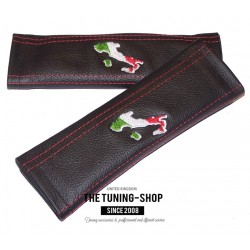 SEAT BELT COVERS HARNESS SHOULDER PADS BLACK GENUINE LEATHER CUSTOM EMBROIDERY ITALY RED STITCH NEW