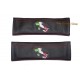 SEAT BELT COVERS HARNESS SHOULDER PADS BLACK GENUINE LEATHER CUSTOM EMBROIDERY ITALY RED WHITE AND GREEN STITCH NEW
