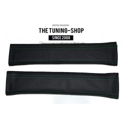 30cm LONG SEAT BELT COVERS x 2 GENUINE BLACK LEATHER GREEN STITCHING