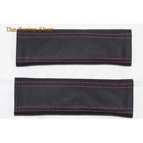 SEAT BELT COVERS x 2 GENUINE BLACK LEATHER WITH PINK STITCHING NEW