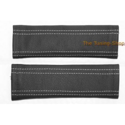 SEAT BELT COVERS x 2 GENUINE BLACK LEATHER WITH WHITE STITCHING NEW