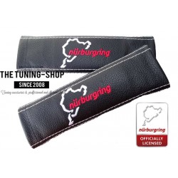 SEAT BELT COVERS BLACK GENUINE LEATHER EMBROIDERY NURBURGRING WHITE STITCHING
