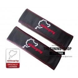 SEAT BELT COVERS BLACK LEATHER EMBROIDERY NURBURGRING WHITE STITCHING