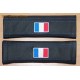 SEAT BELT COVERS x 2 GENUINE BLACK LEATHER FRENCH FLAG EMBROIDERY WITH BLUE STITCH NEW