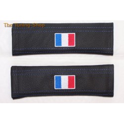 SEAT BELT COVERS x 2 GENUINE BLACK LEATHER FRENCH FLAG EMBROIDERY WITH BLUE STITCH NEW