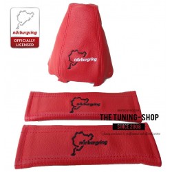 FOR AUDI A4 B6 2001-2004 RED LEATHER GEAR GAITER & SEAT BELTS COVERS NURBURGRING EMBROIDERY