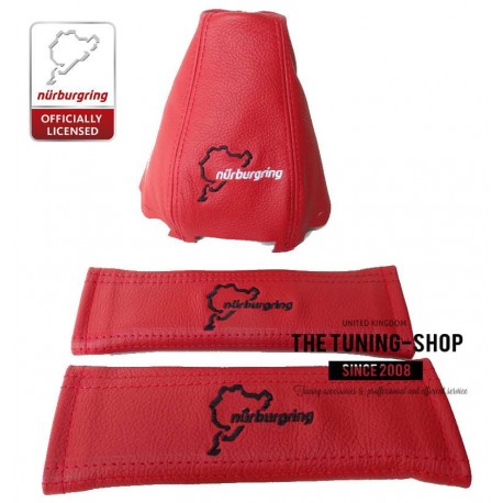 FOR AUDI A4 B7 2005-2007 RED LEATHER GEAR GAITER + SEAT BELTS COVERS NURBURGRING EMBROIDERY