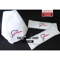 FOR AUDI A4 B6 2001-2004 WHITE LEATHER GEAR GAITER & SEAT BELTS COVERS NURBURGRING EMBROIDERY
