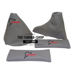 FOR BMW E90 E91 E92 E93 2005-13 MANUAL GEAR HANDBRAKE GAITER & SEAT BELT COVERS GREY LEATHER NURBURGRING EMBROIDERY EDITION