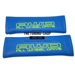 FOR SUBARU SEAT BELTS COVERS BLUE LEATHER LIME GREEN ALL WHEEL DRIVE STITCH EMBROIDERY