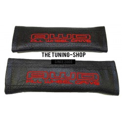 FOR SUBARU SEAT BELTS COVERS BLACK LEATHER RED ALL WHEEL DRIVE STITCH EMBROIDERY