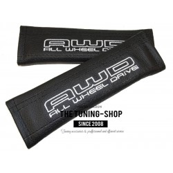 FOR SUBARU SEAT BELTS COVERS BLACK LEATHER WHITE ALL WHEEL DRIVE STITCH EMBROIDERY
