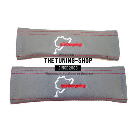 SEAT BELT COVERS GREY LEATHER NURBURGRING BLACK AND RED EMBROIDERY