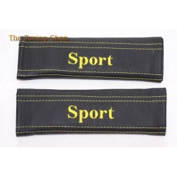 SEAT BELT COVERS BLACK GENUINE LEATHER EMBROIDERY Sport YELLOW STITCHING NEW