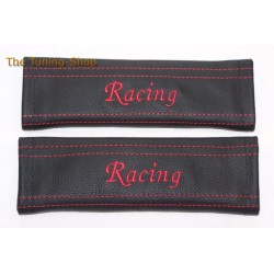 SEAT BELT COVERS BLACK GENUINE LEATHER EMBROIDERY Racing RED STITCHING NEW
