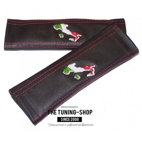 SEAT BELT COVERS HARNESS SHOULDER PADS BLACK GENUINE LEATHER CUSTOM EMBROIDERY ITALY RED WHITE AND GREEN STITCH NEW