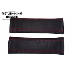 SEAT BELT COVERS GENUINE BLACK LEATHER RED STITCHING 