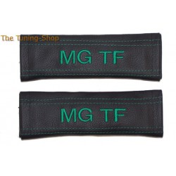 SEAT BELT COVERS BLACK GENUINE LEATHER EMBROIDERY FOR MG TF DARK GREEN STITCHING NEW