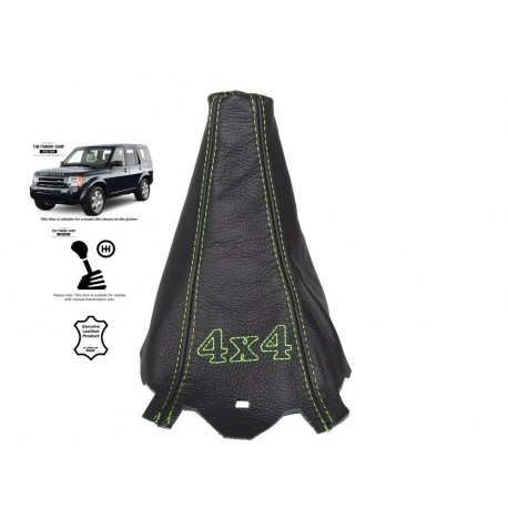 LAND ROVER DISCOVERY 3 LR3 04-09 GEAR GAITER BLACK LEATHER EMBROIDERY 4x4 LIME GREEN STITCHING