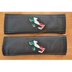 SEAT BELT COVERS BLACK GENUINE LEATHER EMBROIDERY ITALY